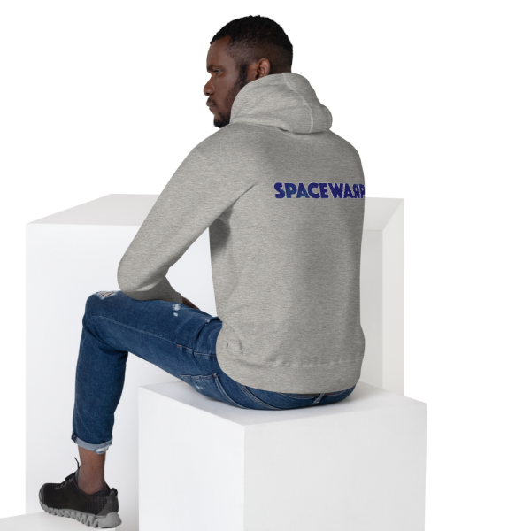 Man wearing grey Spacewarp hoodie seen from behind